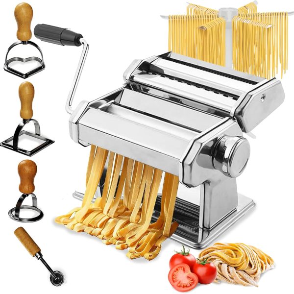 Manual Pasta Maker Machine, 150mm Steel Pasta Roller Noodle Maker with 3 Pasta Stamps, 9 Adjustable Thickness Settings Pasta Press, Pasta Drying Rack, Cutter for Lasagna, Fettuccine