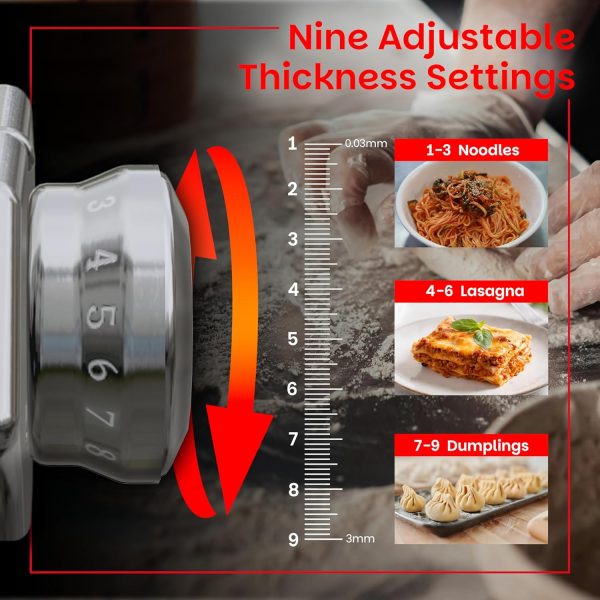 Manual Pasta Maker Machine, 150mm Steel Pasta Roller Noodle Maker with 3 Pasta Stamps, 9 Adjustable Thickness Settings Pasta Press, Pasta Drying Rack, Cutter for Lasagna, Fettuccine